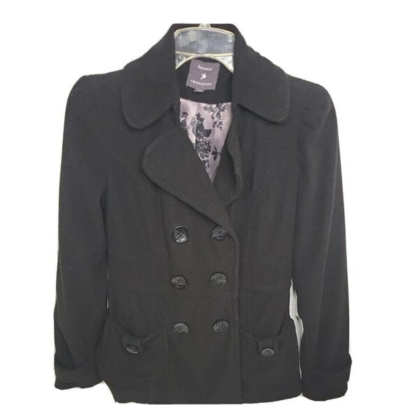 Forever 21 Black Peacoat Women's Collared Double-Breasted Jacket Comfort Casual - Picture 1 of 4